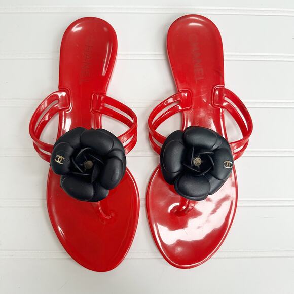 Chanel Red Camellia Flower PVC Thong Sandals Jelly Flip Flops 38 - Picture 5 of 7